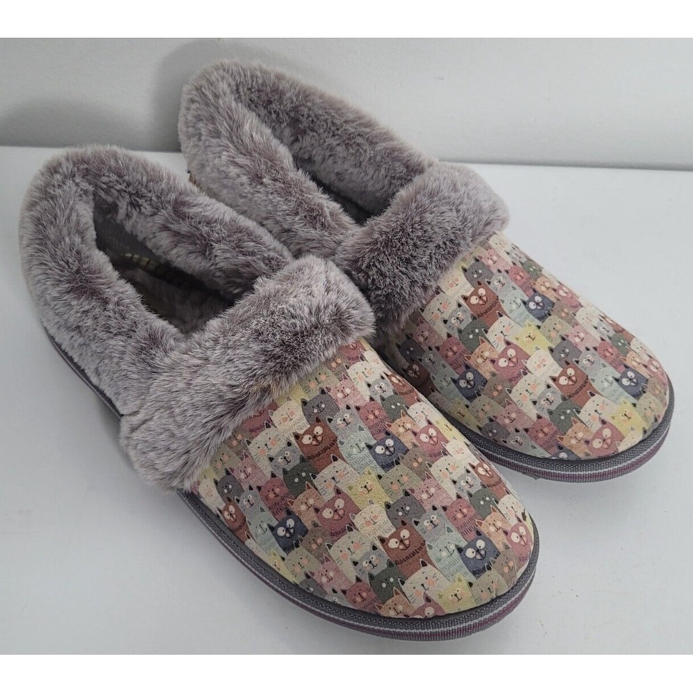 Bobs By Skechers TOO COZY SNUGGLED UP Cat Print Slippers 8 Faux Fur Memory Foam